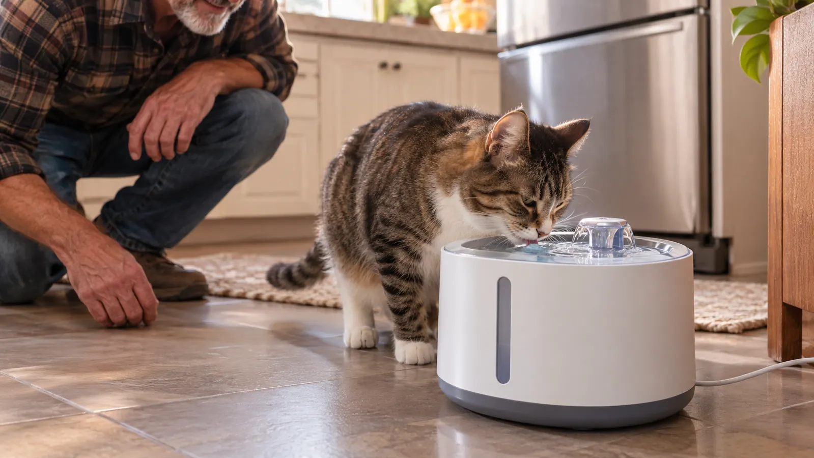 Cat drinking from a pet water fountain in a kitchen
