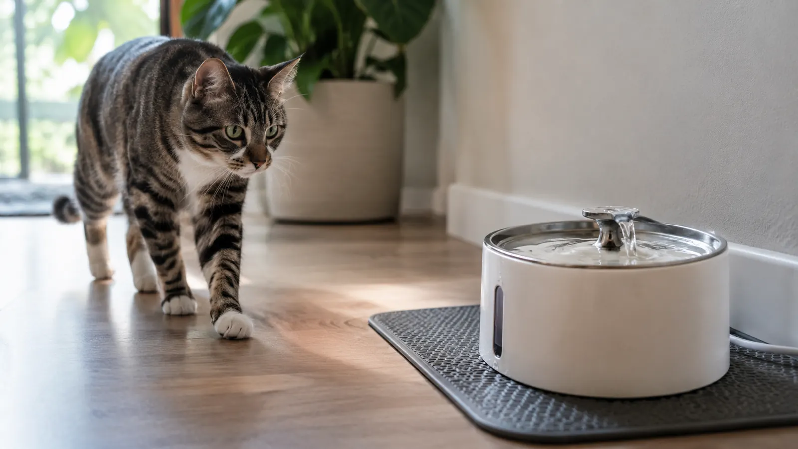 Pet water fountain on a kitchen mat with a cat approaching