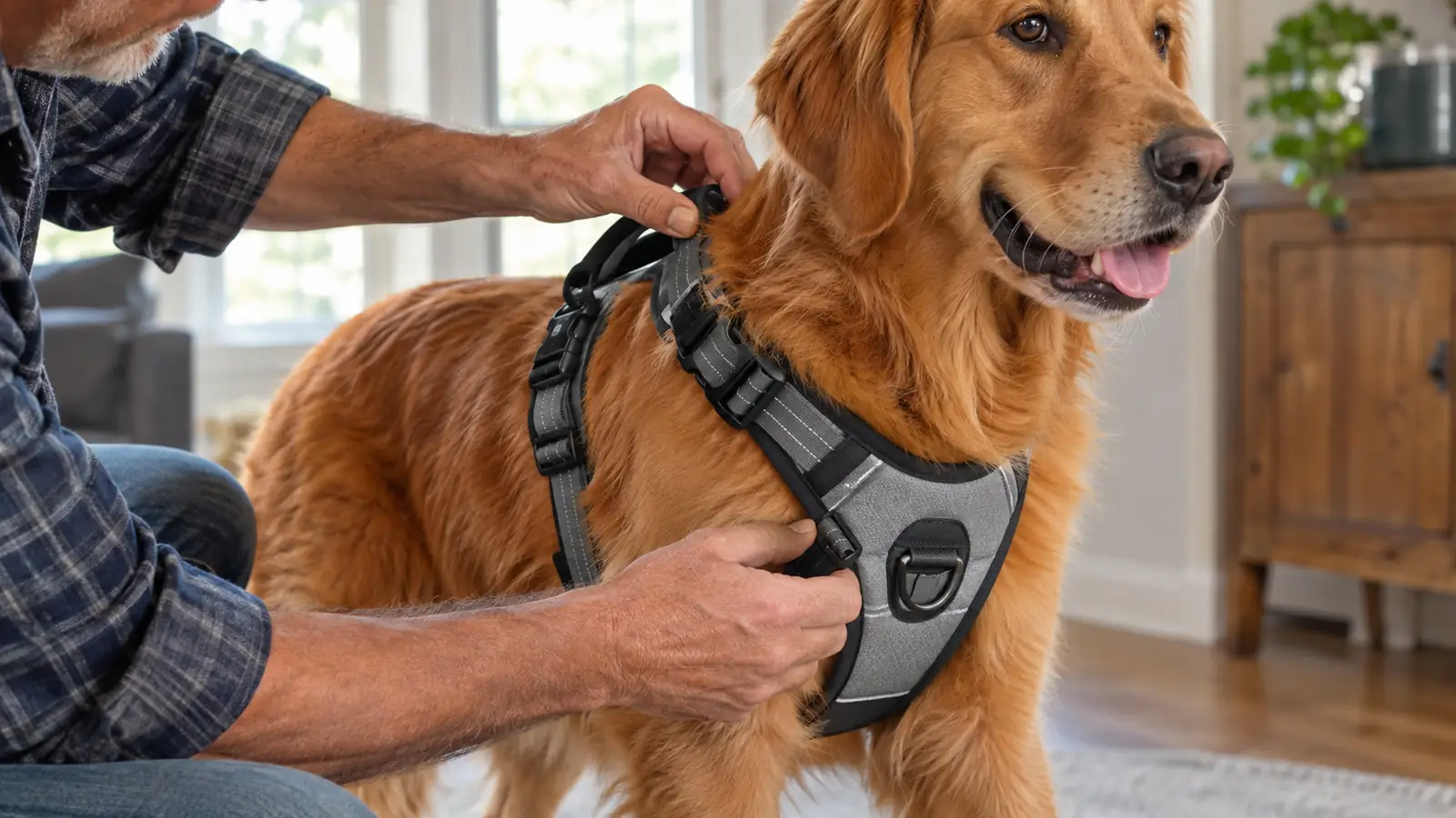 A hand adjusting the chest strap of a front-clip harness on a dog standing calmly indoors
