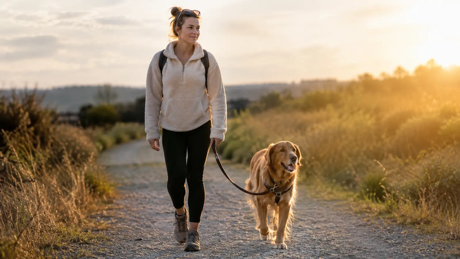 A person holding a leash attached to the front clip of a harness while a dog walks beside them on a path