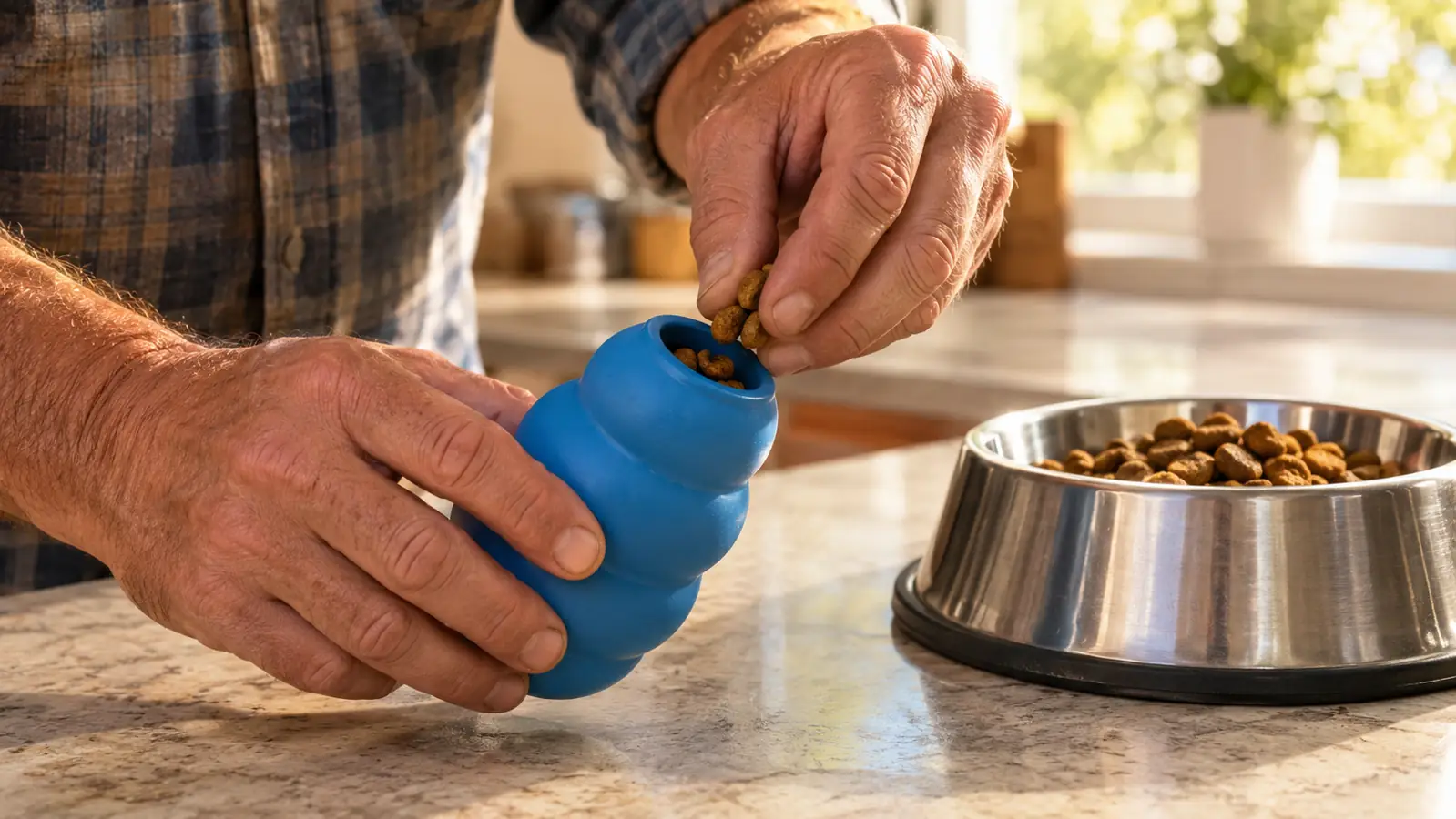 A hand stuffing the rubber toy with kibble over a stainless steel bowl on a kitchen counter