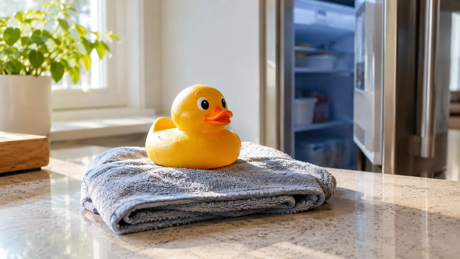 A stuffed rubber toy resting on a folded towel on a kitchen counter