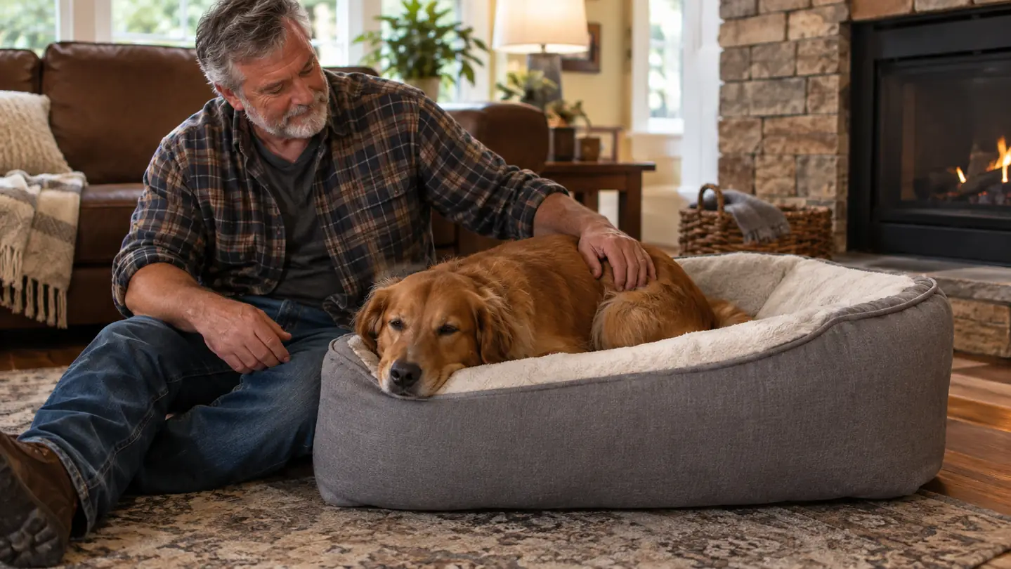 A medium-sized dog resting comfortably on a dog bed with its head resting on the edge of the bed