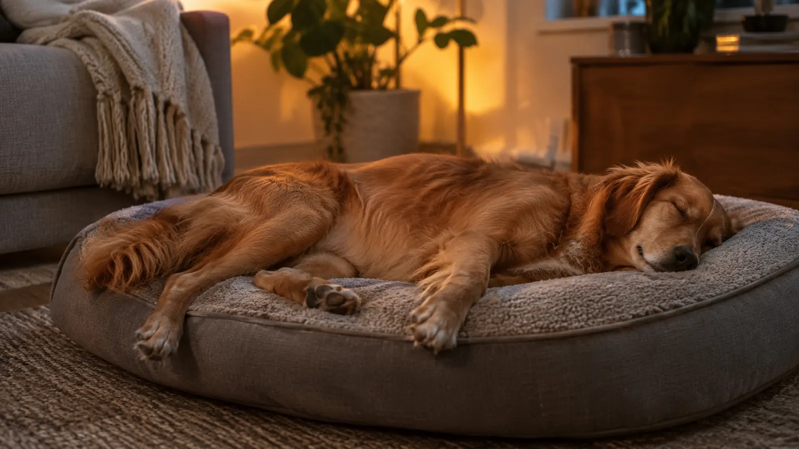 A medium-sized dog stretched out on its side, sound asleep on a dog bed in a cozy living room
