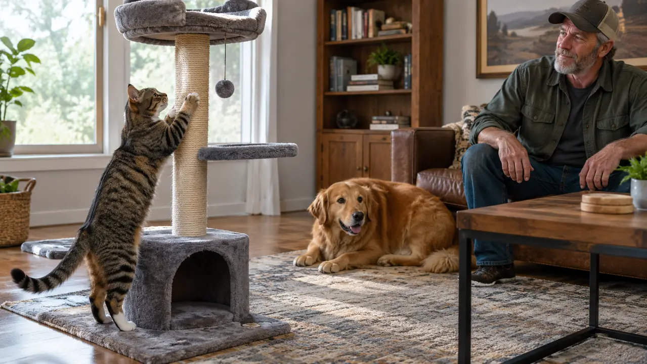 A cat scratching a tall post while a dog rests on a rug nearby