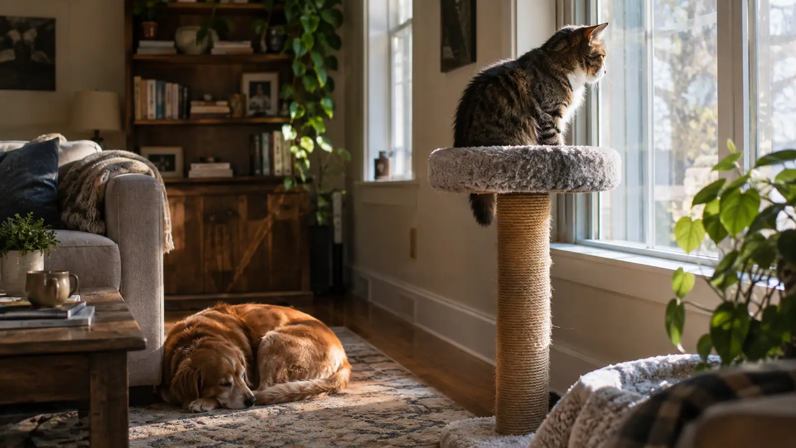 A cat perched on top of a tall scratching post in a living room while a dog curls up on the floor below