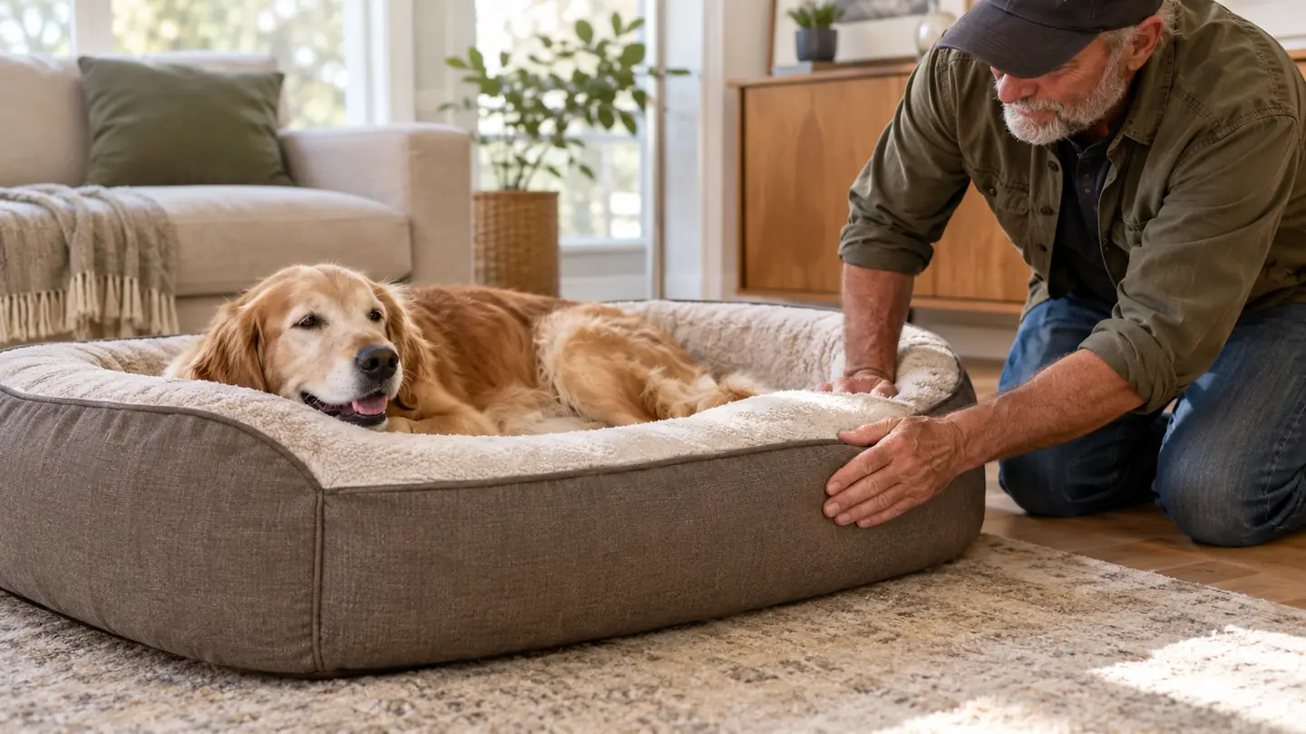 A dog lying comfortably on an orthopedic bed while a person's hand smooths the edge of the bed