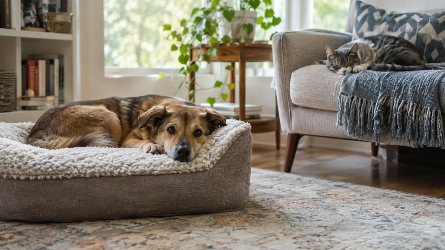 A dog resting on an orthopedic bed in a bright living room while a cat sleeps on a nearby chair