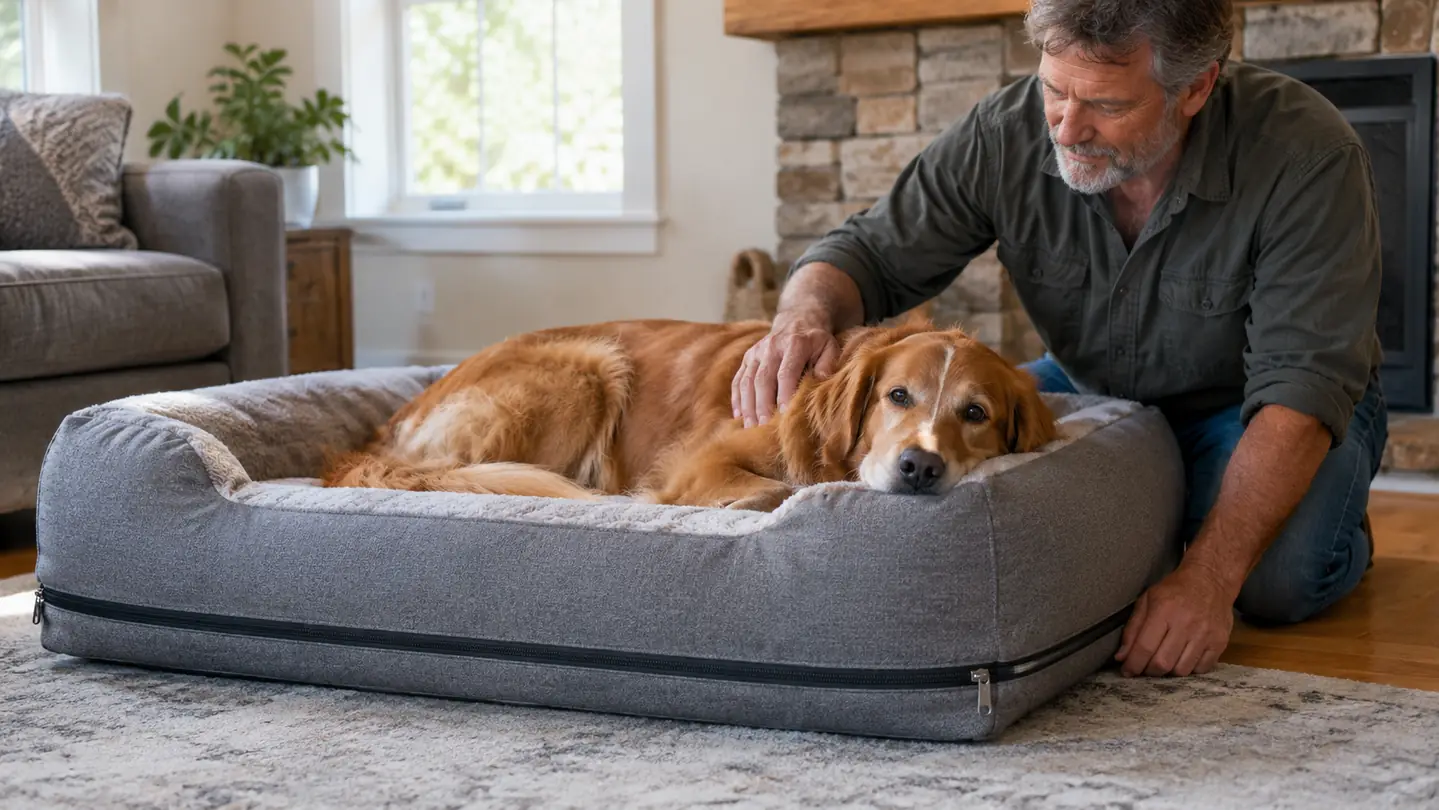 A dog resting on an orthopedic dog bed with a removable zippered cover