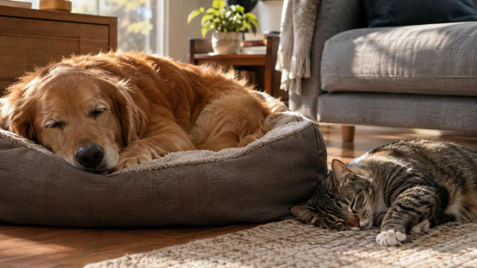 A dog sleeping on a dog bed while a cat naps nearby