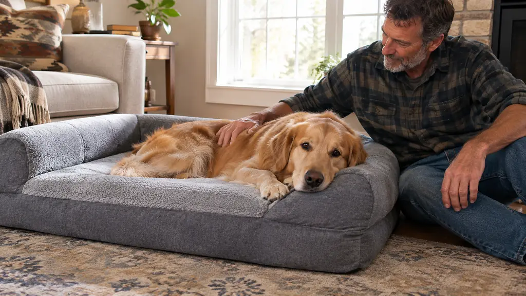 A dog lying on the orthopedic dog bed with its head resting on the edge