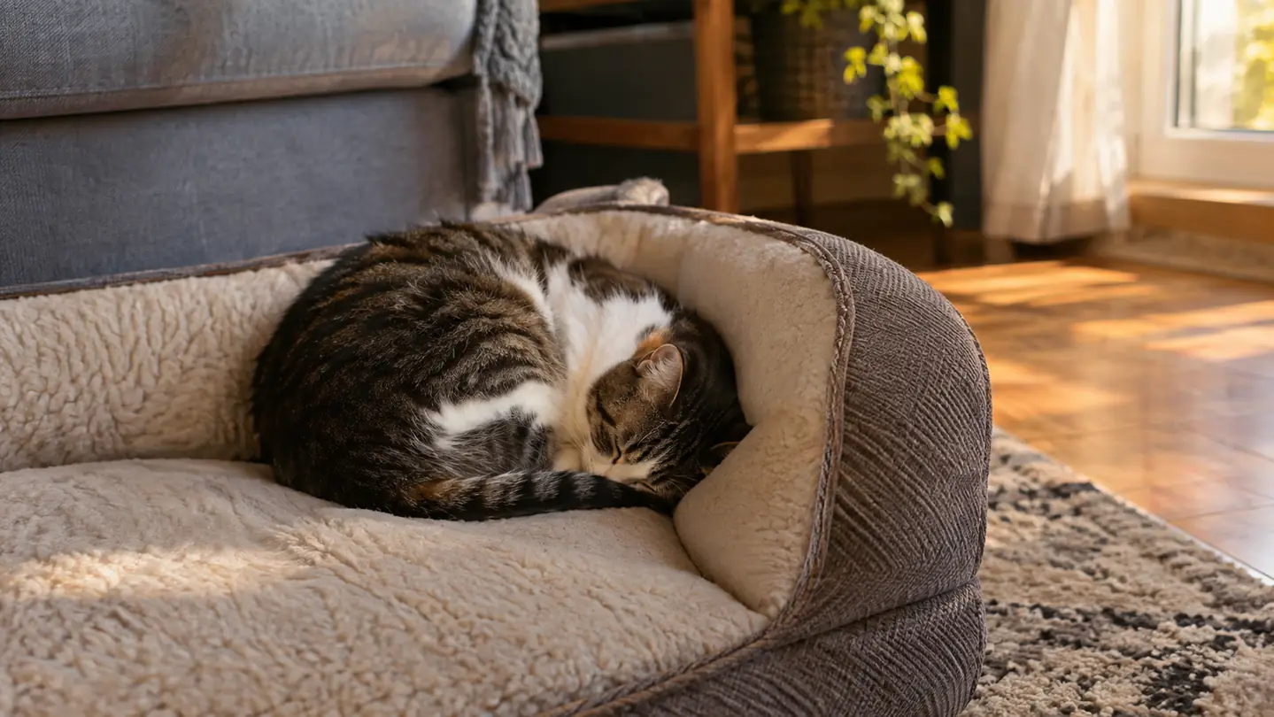 An indoor cat curled up asleep on the corner of the orthopedic dog bed
