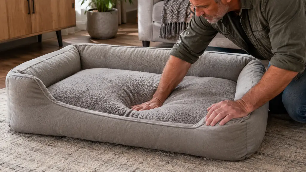 A hand pressing into an orthopedic dog bed to show how the foam supports weight and springs back