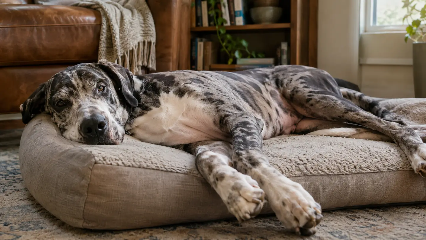 A large dog stretched out on an orthopedic dog bed in a living room, looking comfortable
