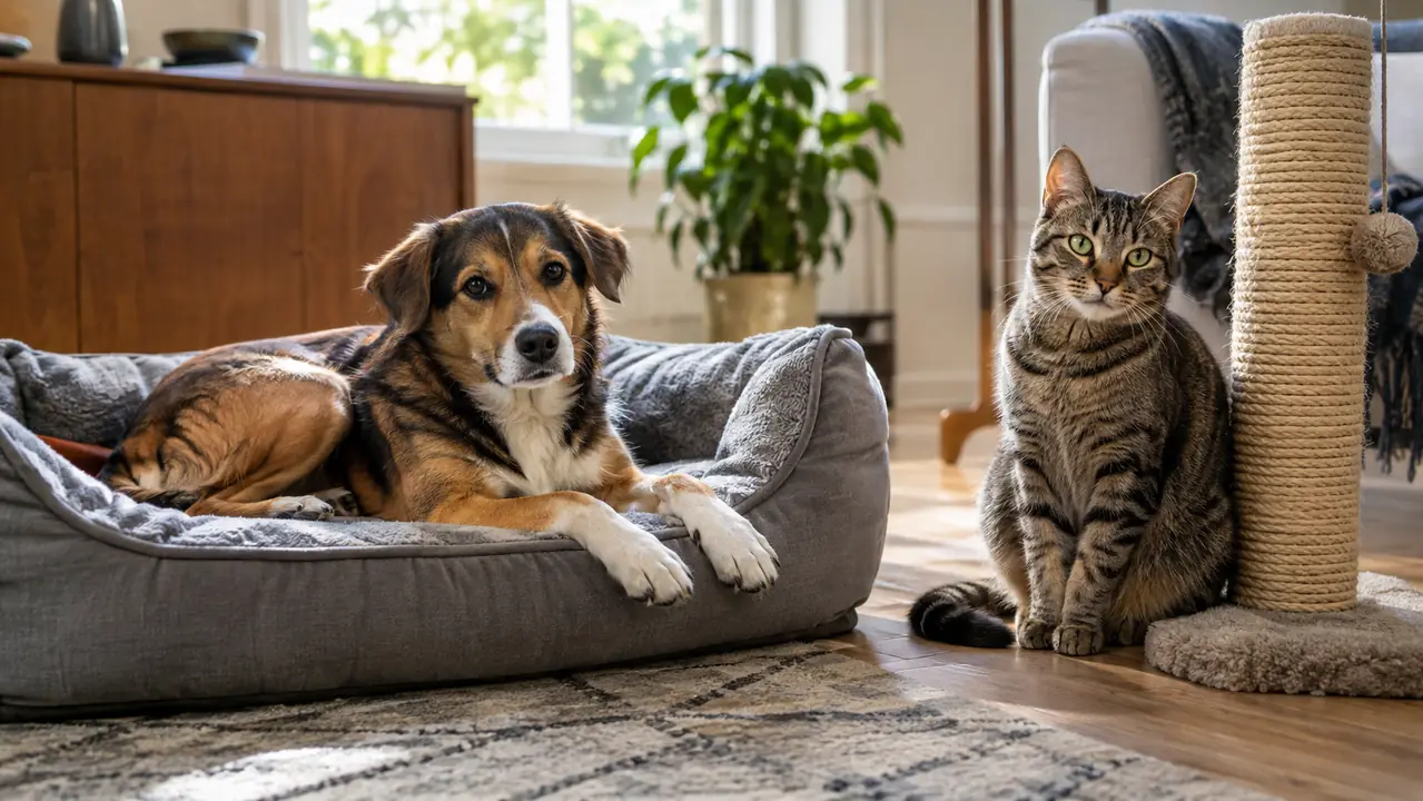 A medium mixed-breed dog and a short-haired cat relaxing together in a sunlit living room with a dog bed and a scratching post