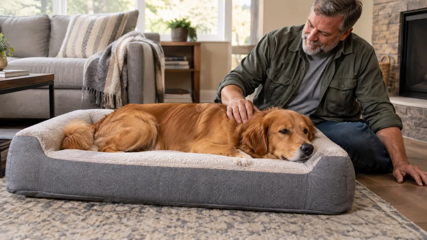 A medium-sized dog stretched out on an orthopedic dog bed with a little room to spare at each end