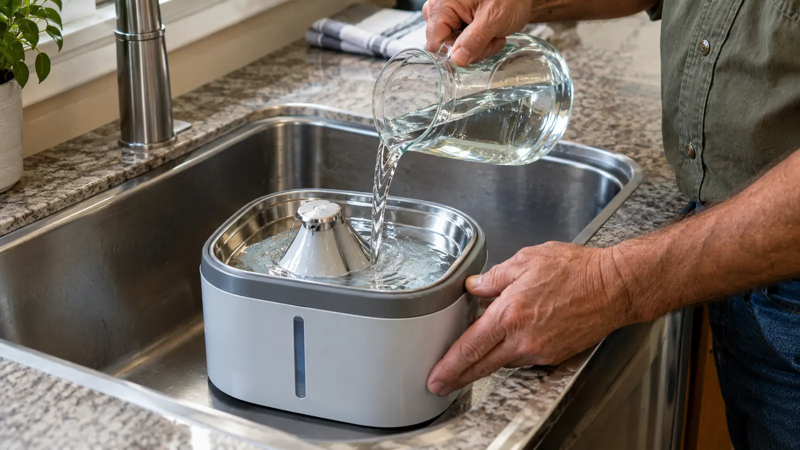 A hand refilling a pet water fountain at a kitchen sink