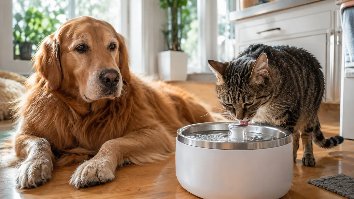 A large dog watching a cat drink from a water fountain in a bright kitchen