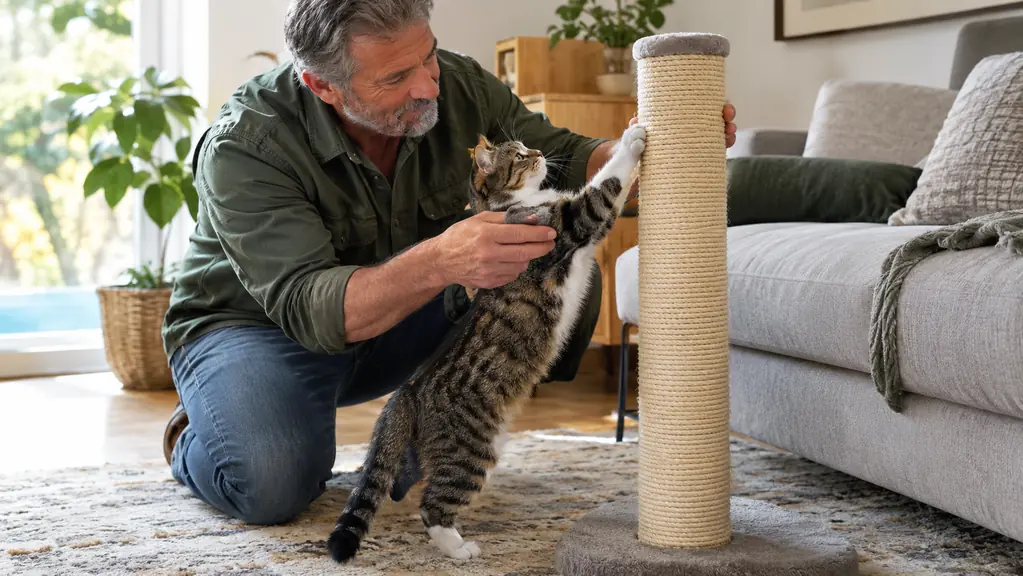 A hand guiding a cat's paw toward a tall sisal scratching post