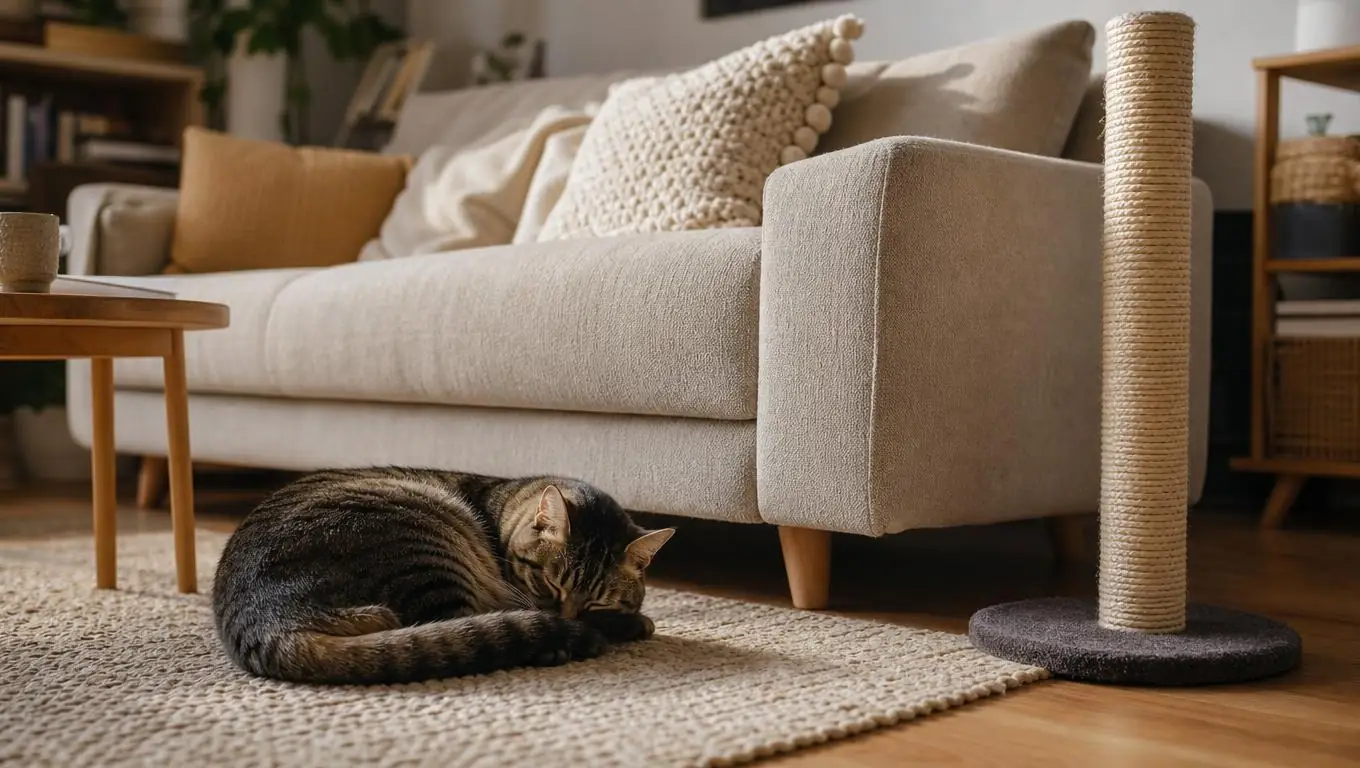 A cat resting on a rug in a living room with a tall scratching post standing nearby