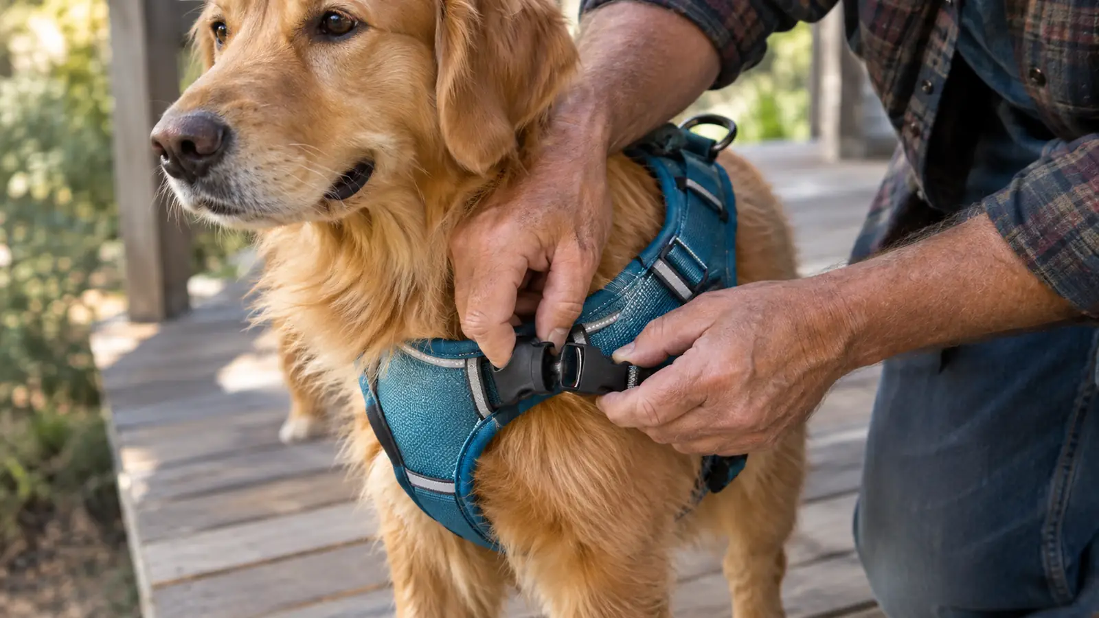 Hands adjusting a front-clip harness on a dog standing on a porch