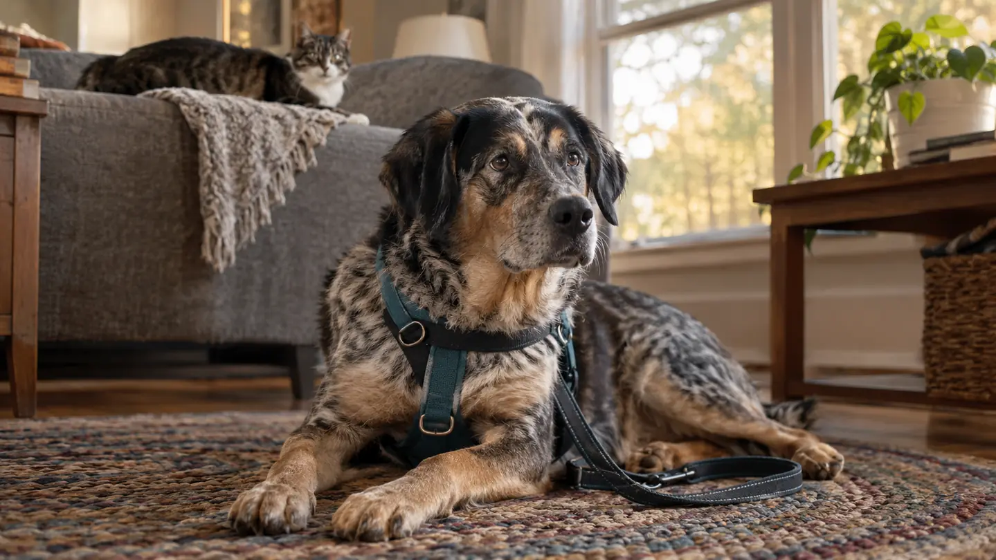 A dog lying on a rug wearing a front-clip harness with the leash looped loosely