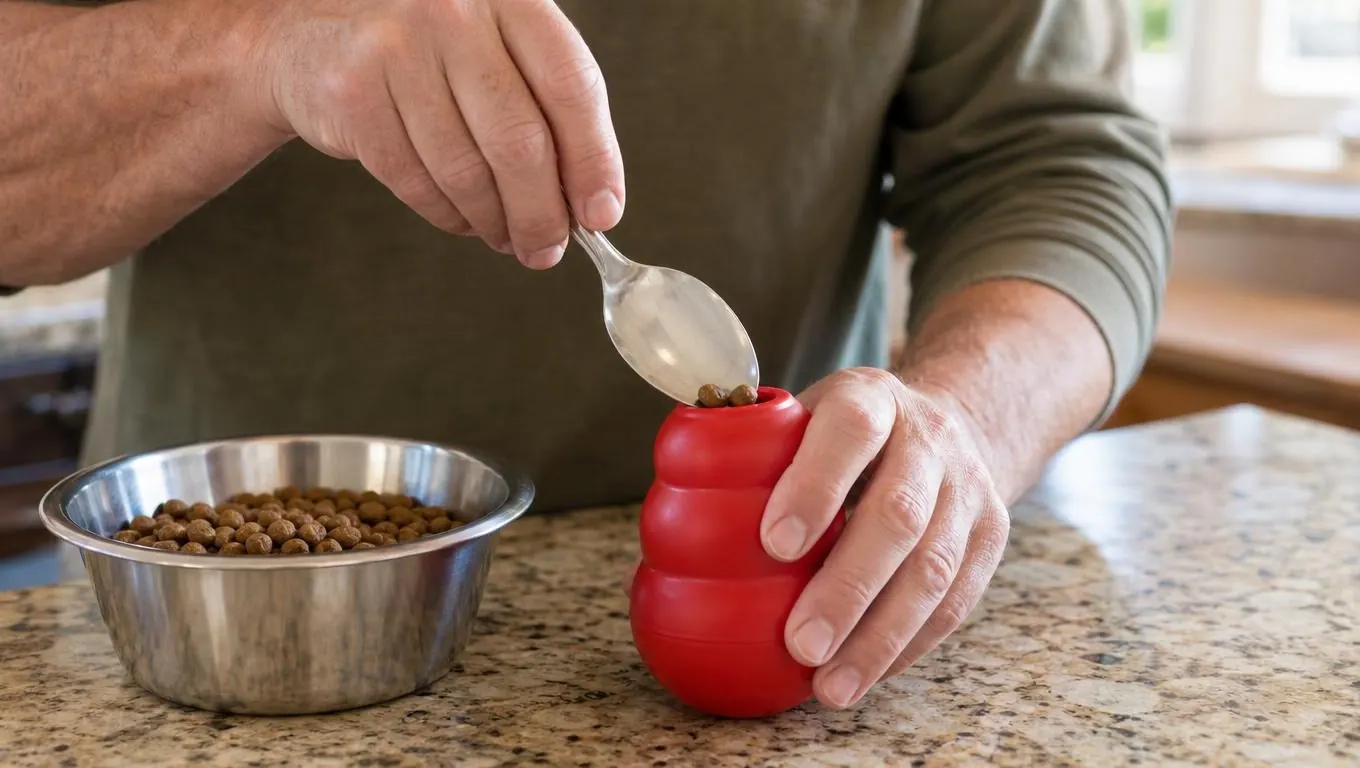 A hand using the back of a spoon to pack kibble into the opening of a KONG toy on a kitchen counter