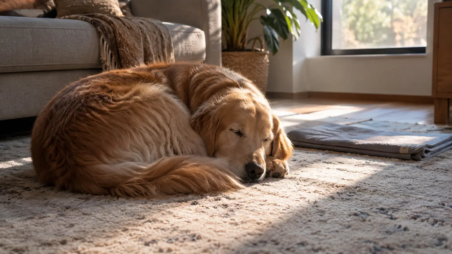 A large dog curled up asleep on a living room rug after finishing a stuffed KONG