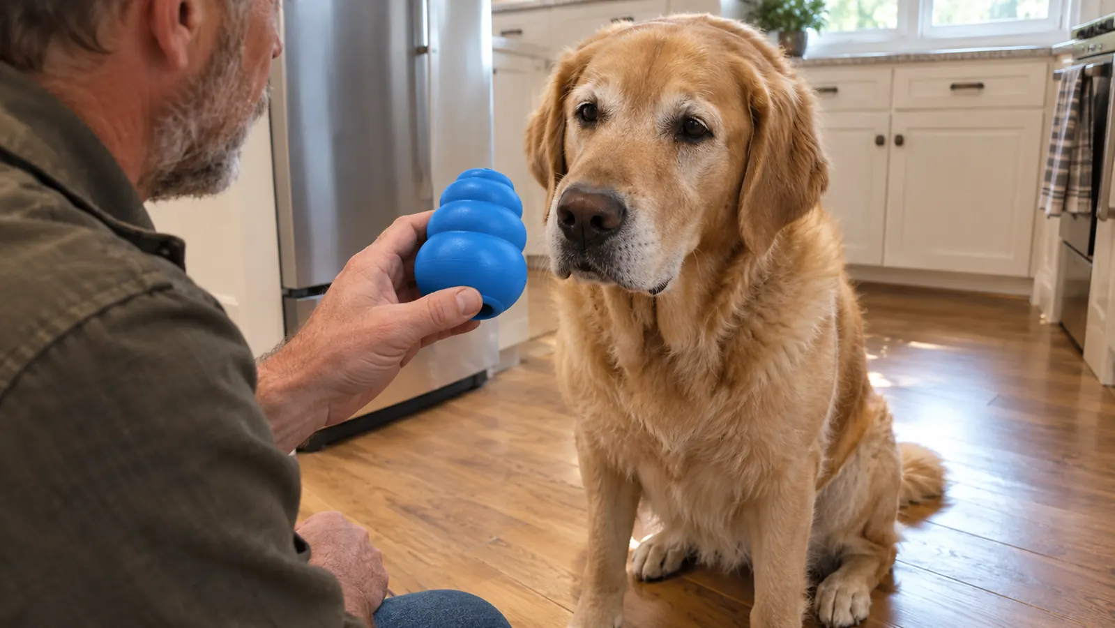 A hand holding a rubber chew toy while a large dog waits on the kitchen floor