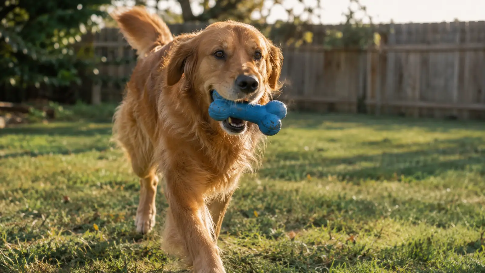 The dog carrying a rubber chew toy through a fenced backyard