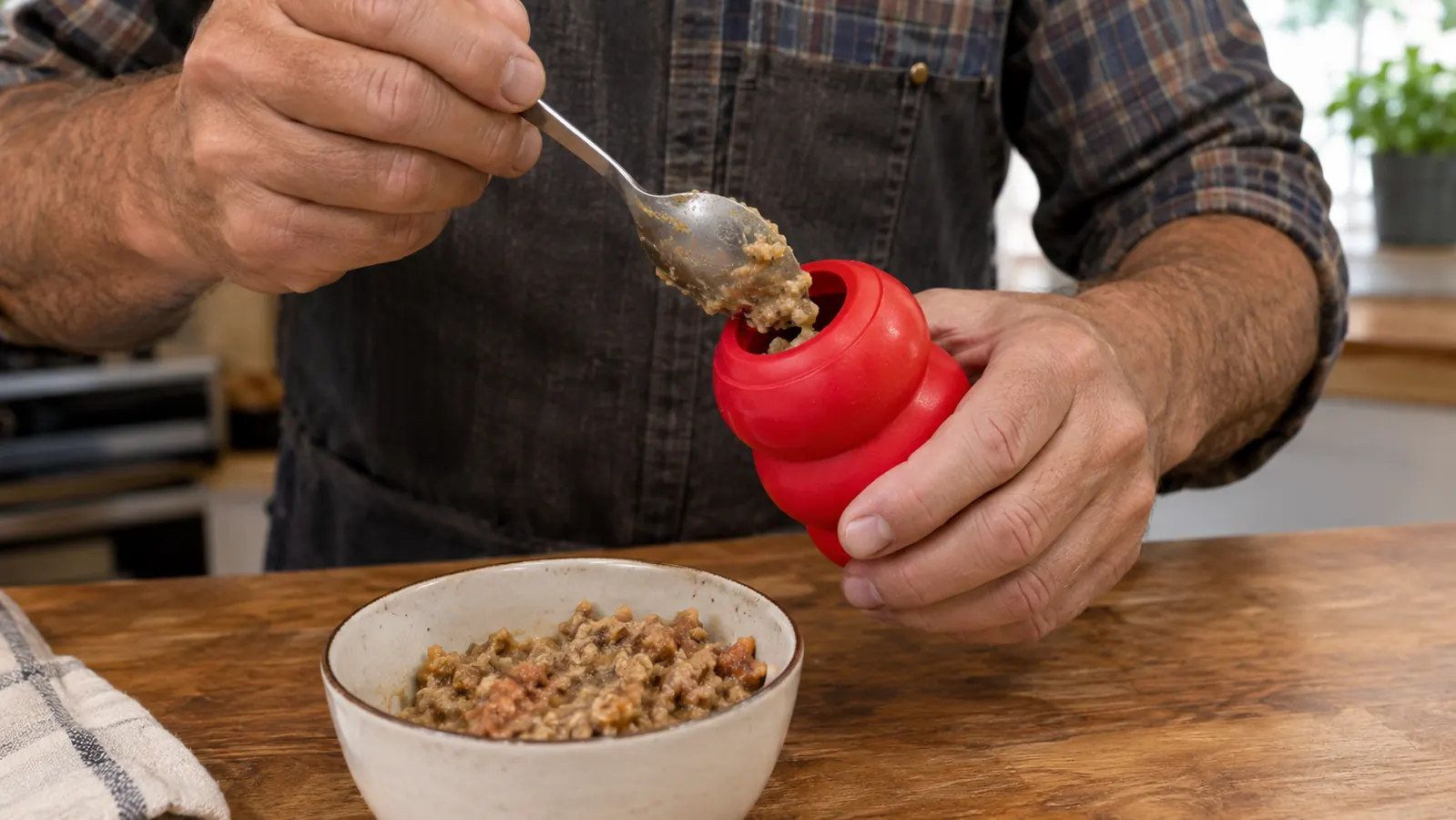 A hand filling the hollow opening of a stuffable rubber chew toy with wet food at a kitchen counter