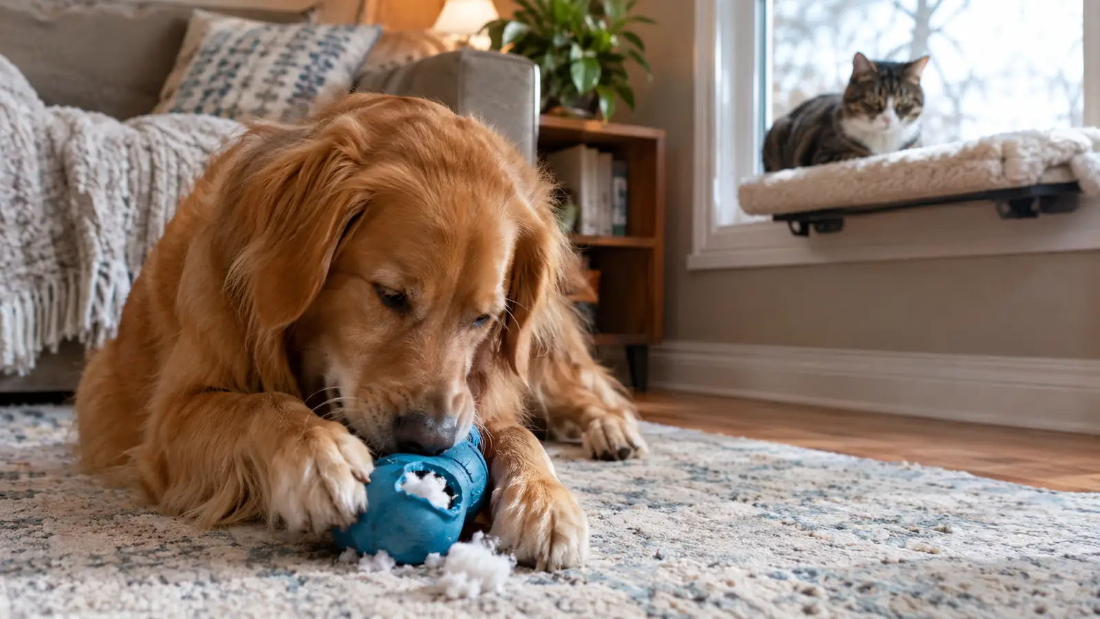 A dog working at a stuffable rubber chew toy on a washable rug while a cat watches from a window perch
