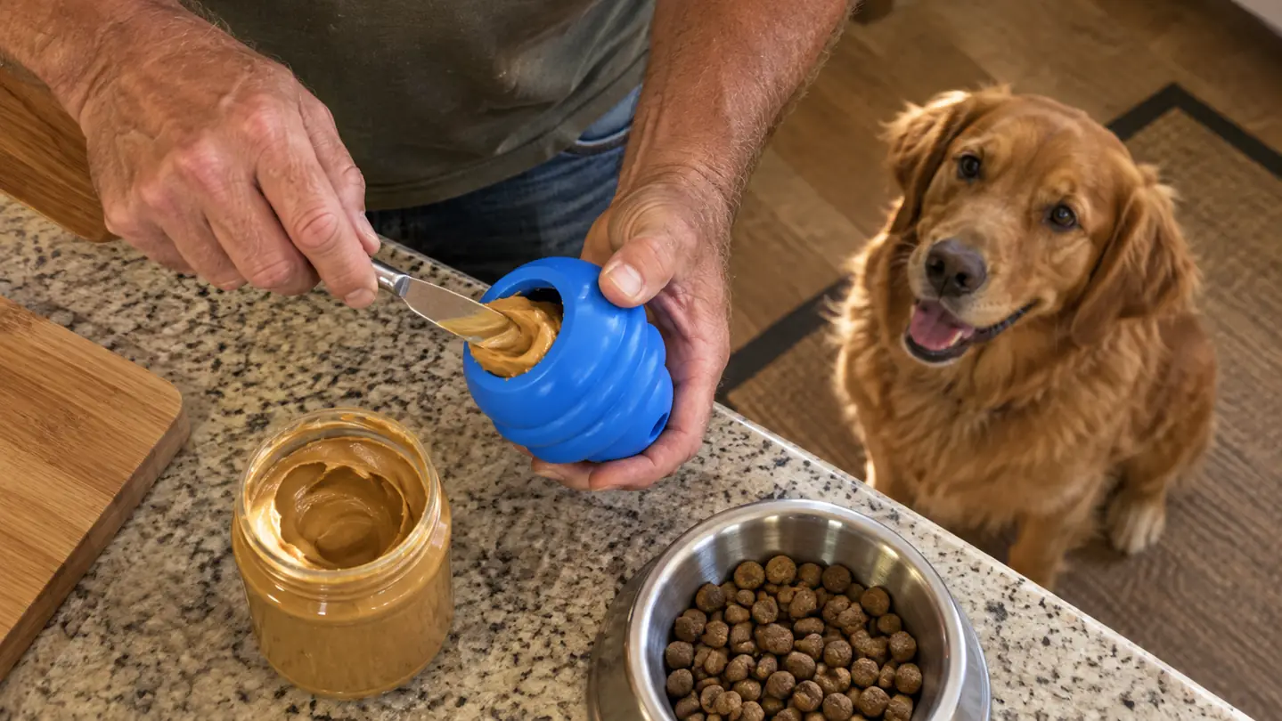 A hand spreading peanut butter inside the toy at a kitchen counter while the dog watches from the floor