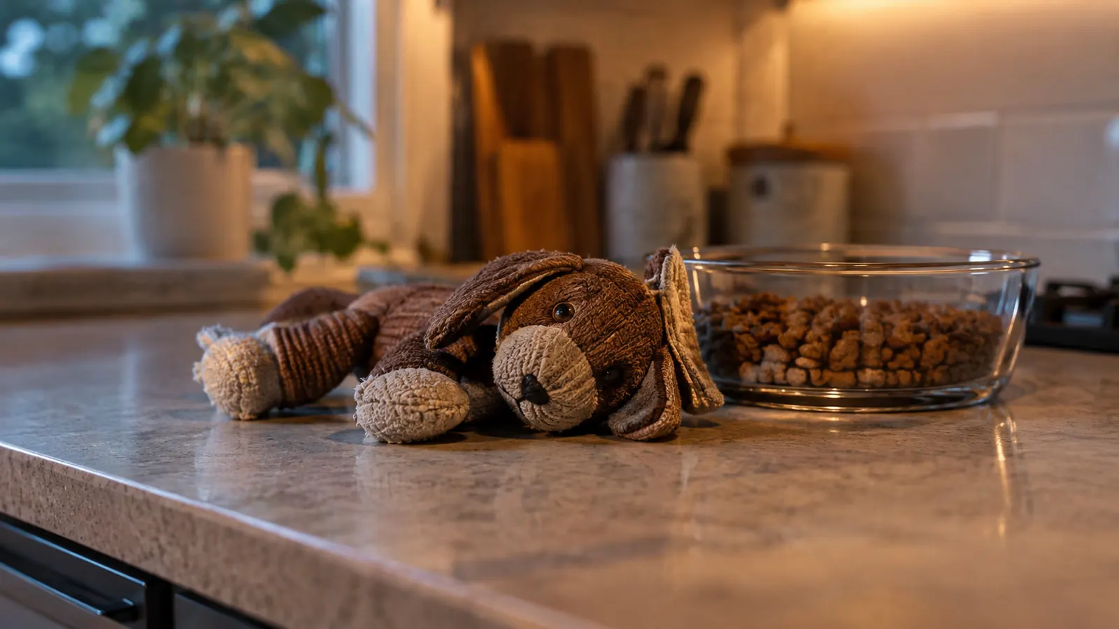 The toy resting on a kitchen counter beside a glass dish of kibble in the evening