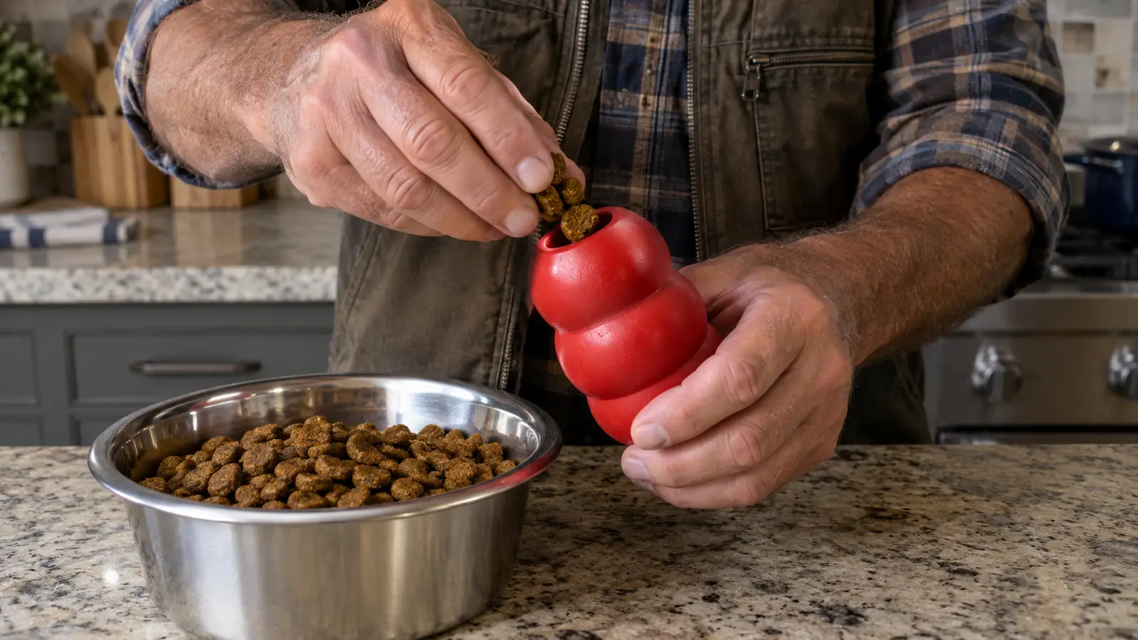 A person's hand holding a rubber chew toy above a stainless steel bowl with kibble, preparing to stuff the toy