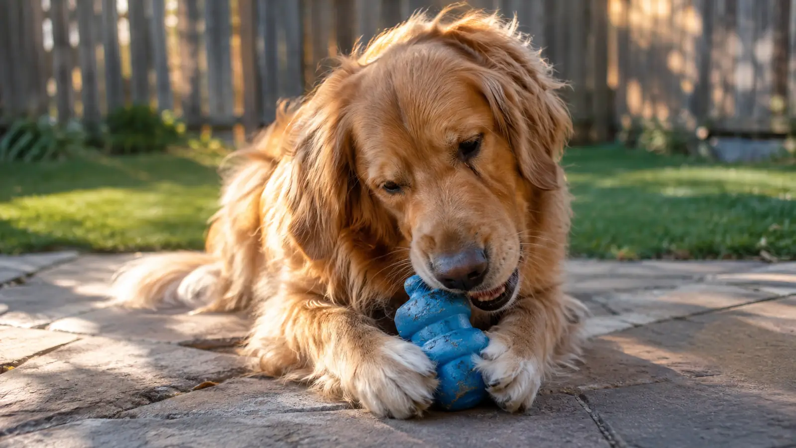 A dog working at a rubber chew toy on a backyard patio, late afternoon light, grass and fence in the background