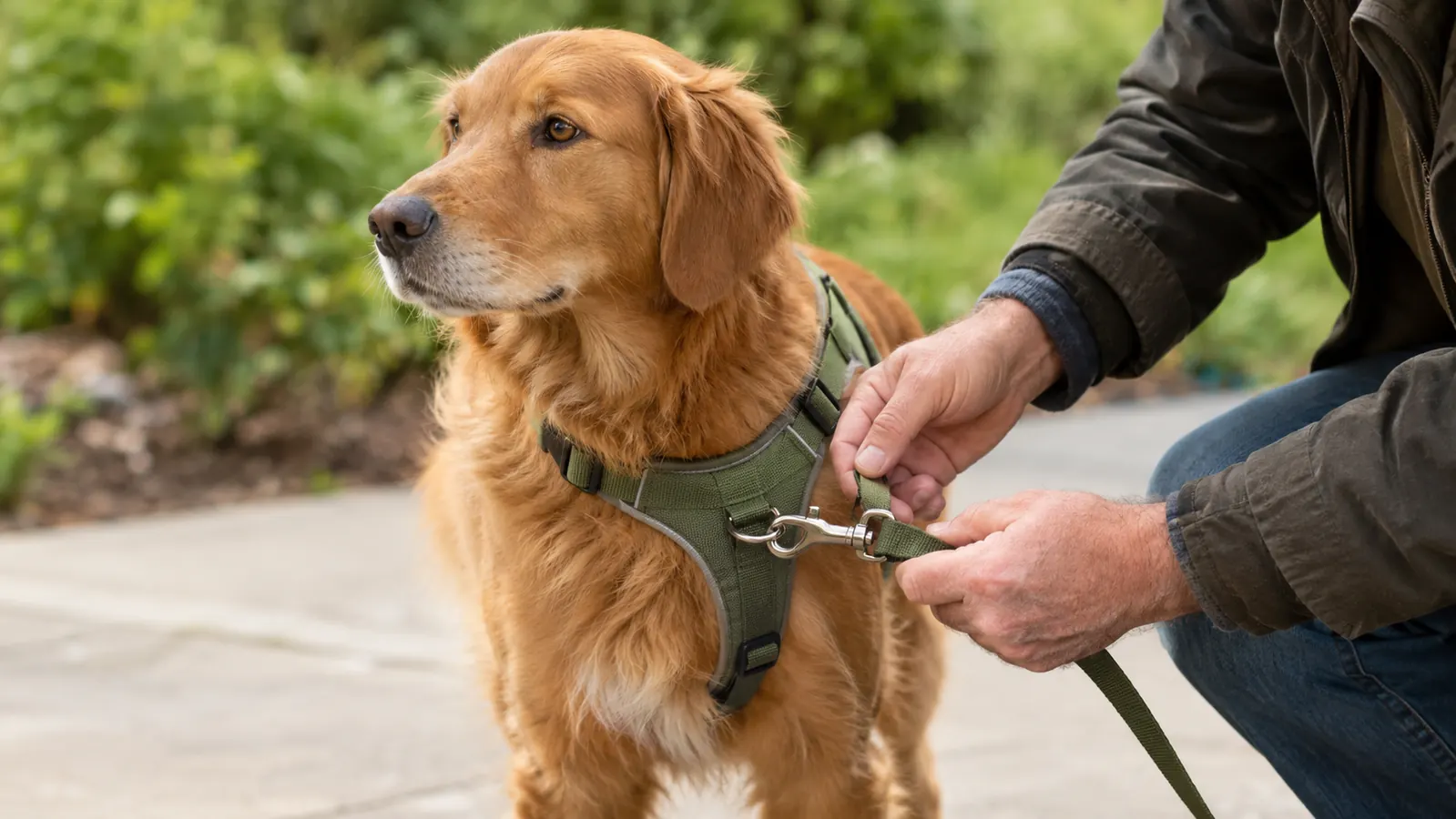 Hands attaching a leash to the front chest clip of a harness on a medium-sized dog standing calmly outdoors
