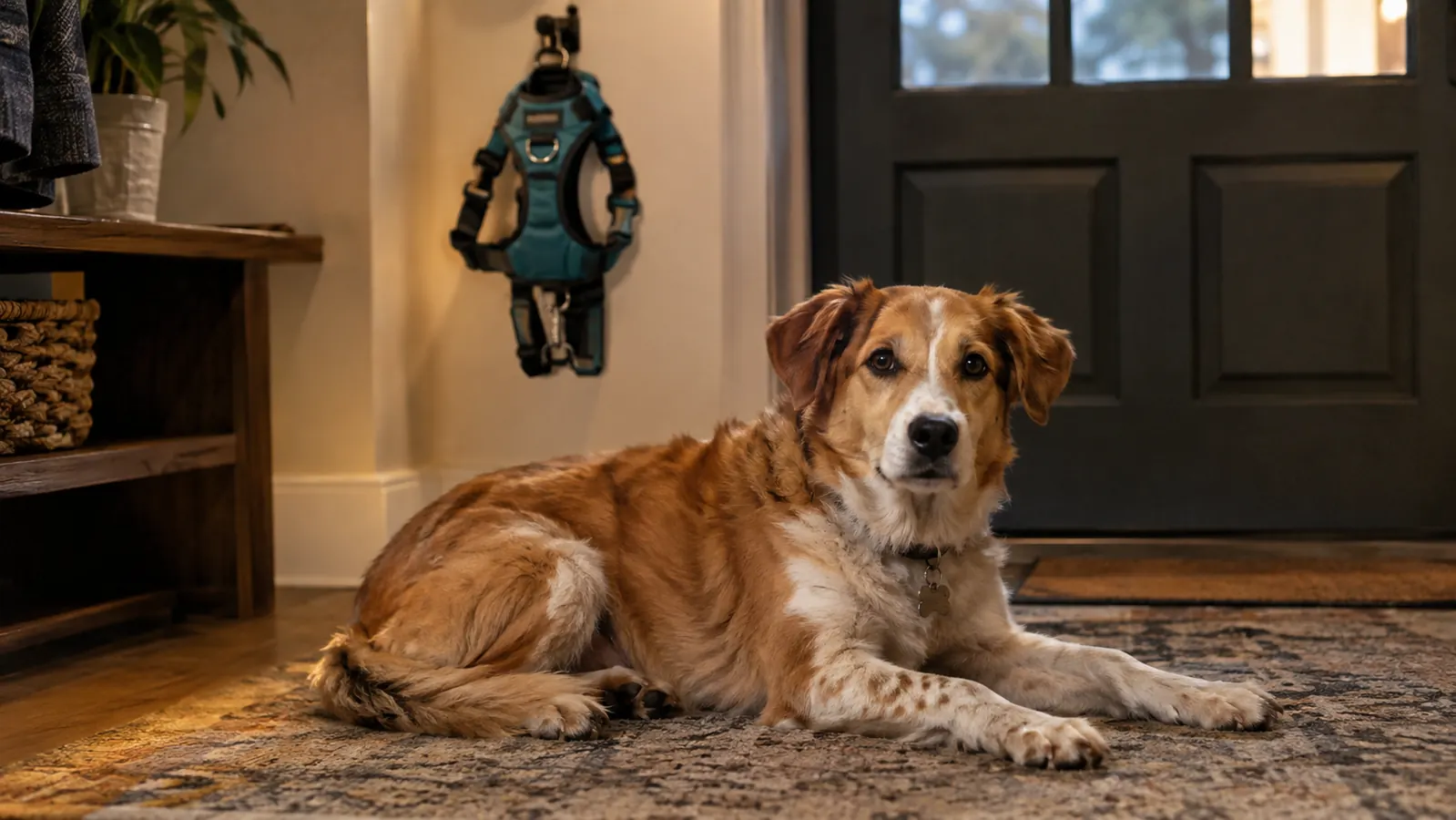 A medium-sized dog resting on a rug indoors after a walk, with a harness hanging on a hook near the door