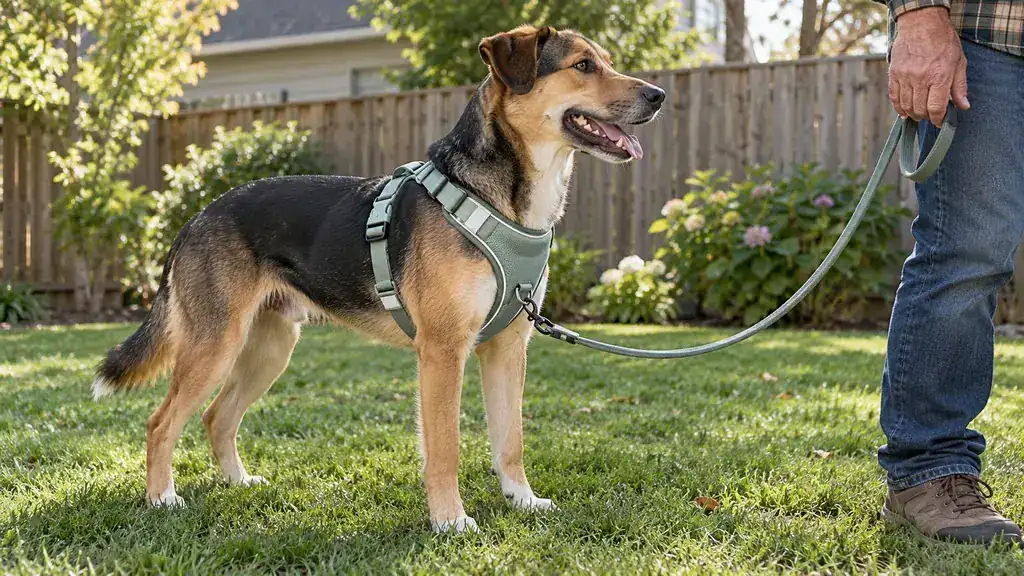 Close view of the harness on a mid-sized dog with the leash clipped at the front of the chest