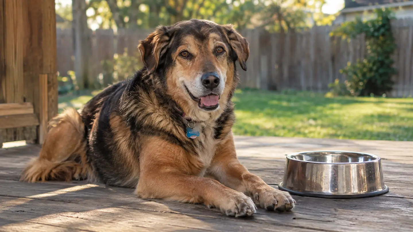 A mid-sized dog resting on a porch next to a water bowl after a walk