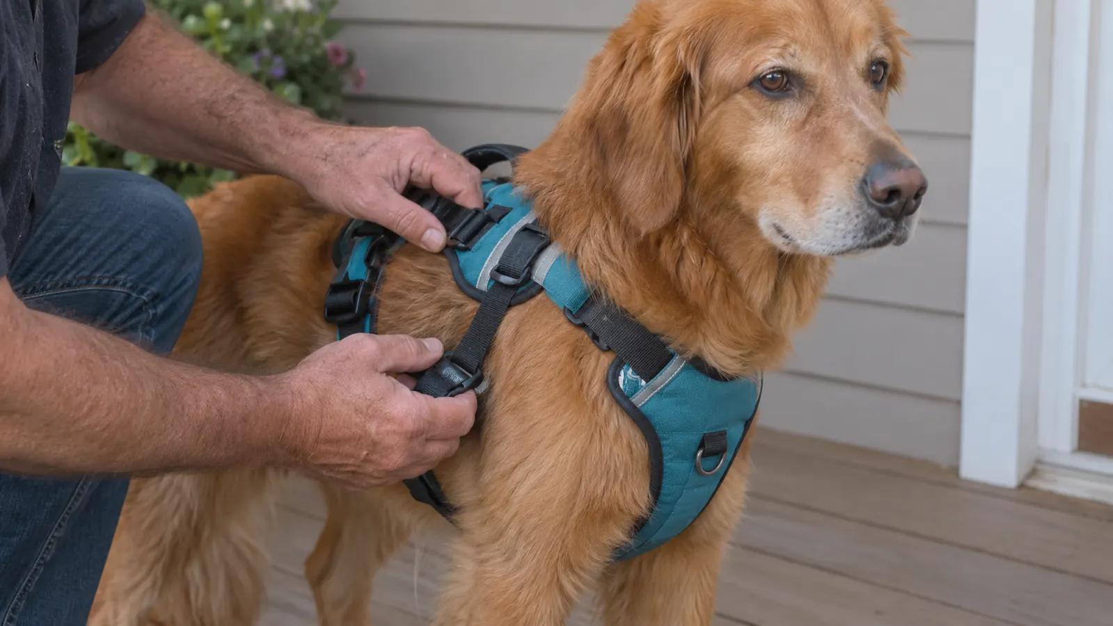 A hand adjusting the chest strap of a front clip harness on a dog standing calmly on a porch