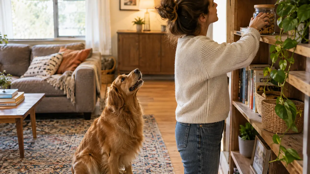 A dog sitting on a living room rug while a person reaches for a treat jar on a shelf
