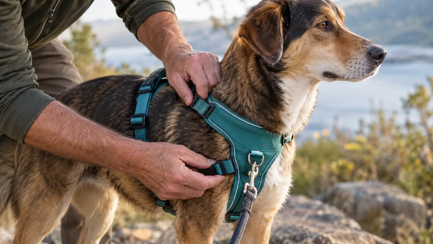 A person adjusting the front chest strap of a harness on a calm medium mixed-breed dog standing outdoors