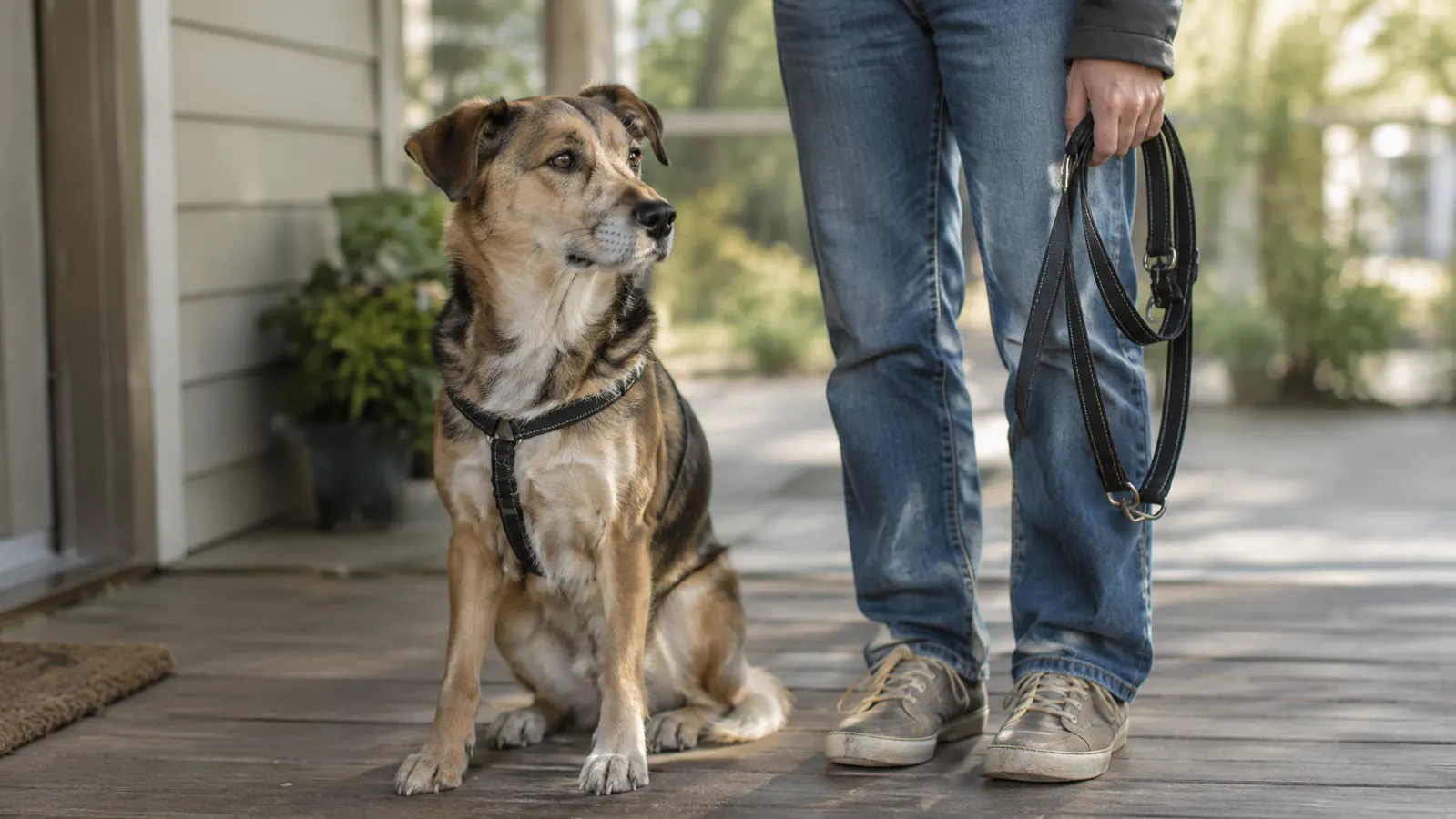 A medium mixed-breed dog sitting on a porch beside its owner, who holds a harness and leash in one hand