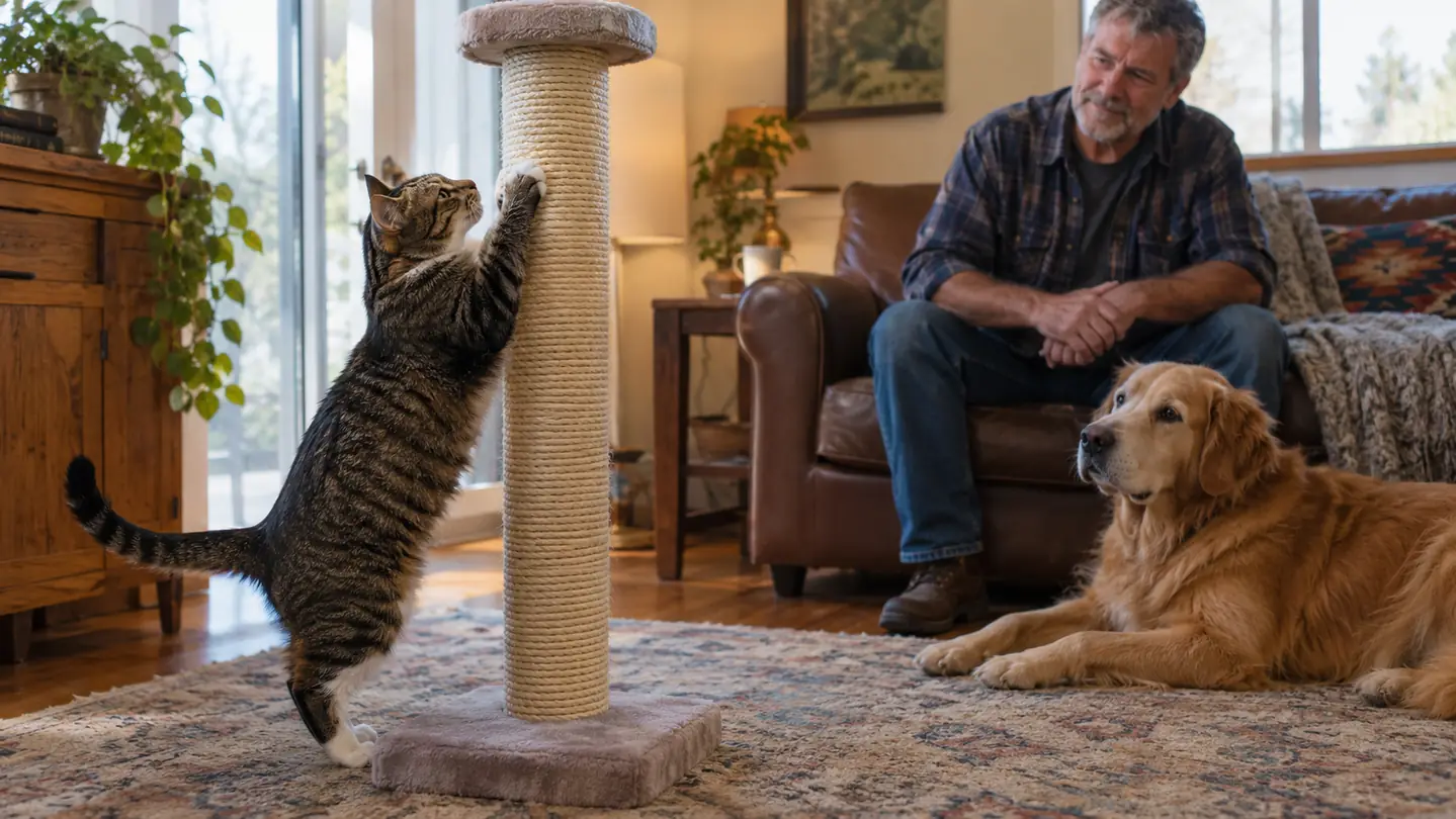 a cat scratching a tall sisal post while a dog rests on the carpet nearby