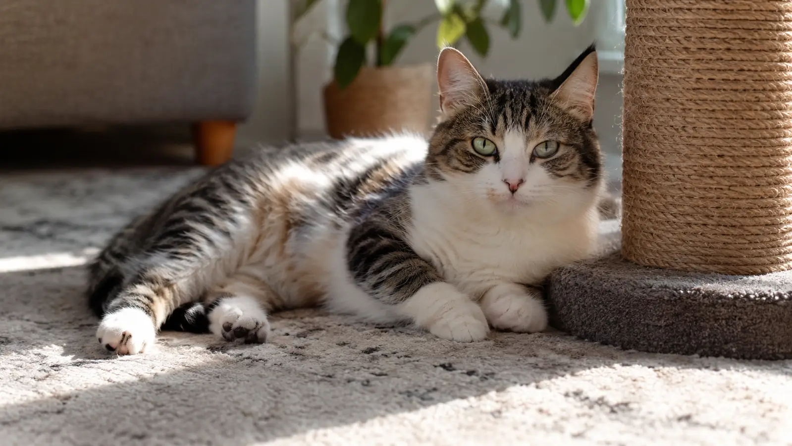 a cat lounging on the carpet beside the base of a tall scratching post