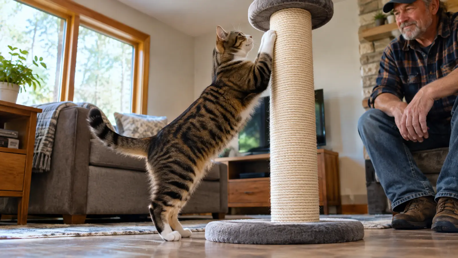 A cat reaching up to scratch a tall sisal scratching post in a home, body stretched out