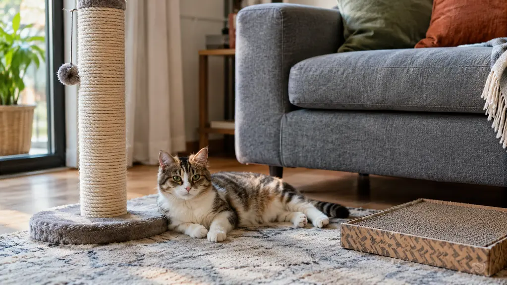 A living room corner with a tall scratching post beside a sofa and a flat cardboard scratcher on the floor, a cat resting on the rug between them