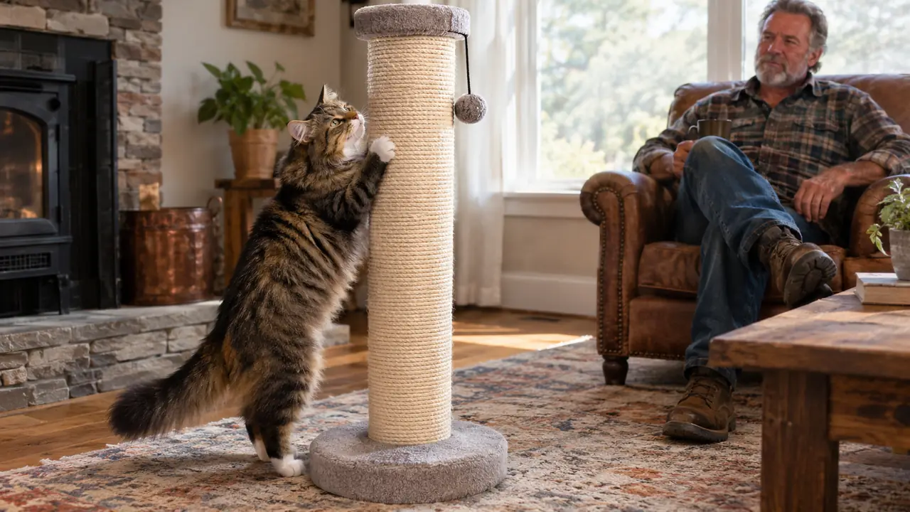 A cat reaching up to scratch a tall post while a person sits nearby