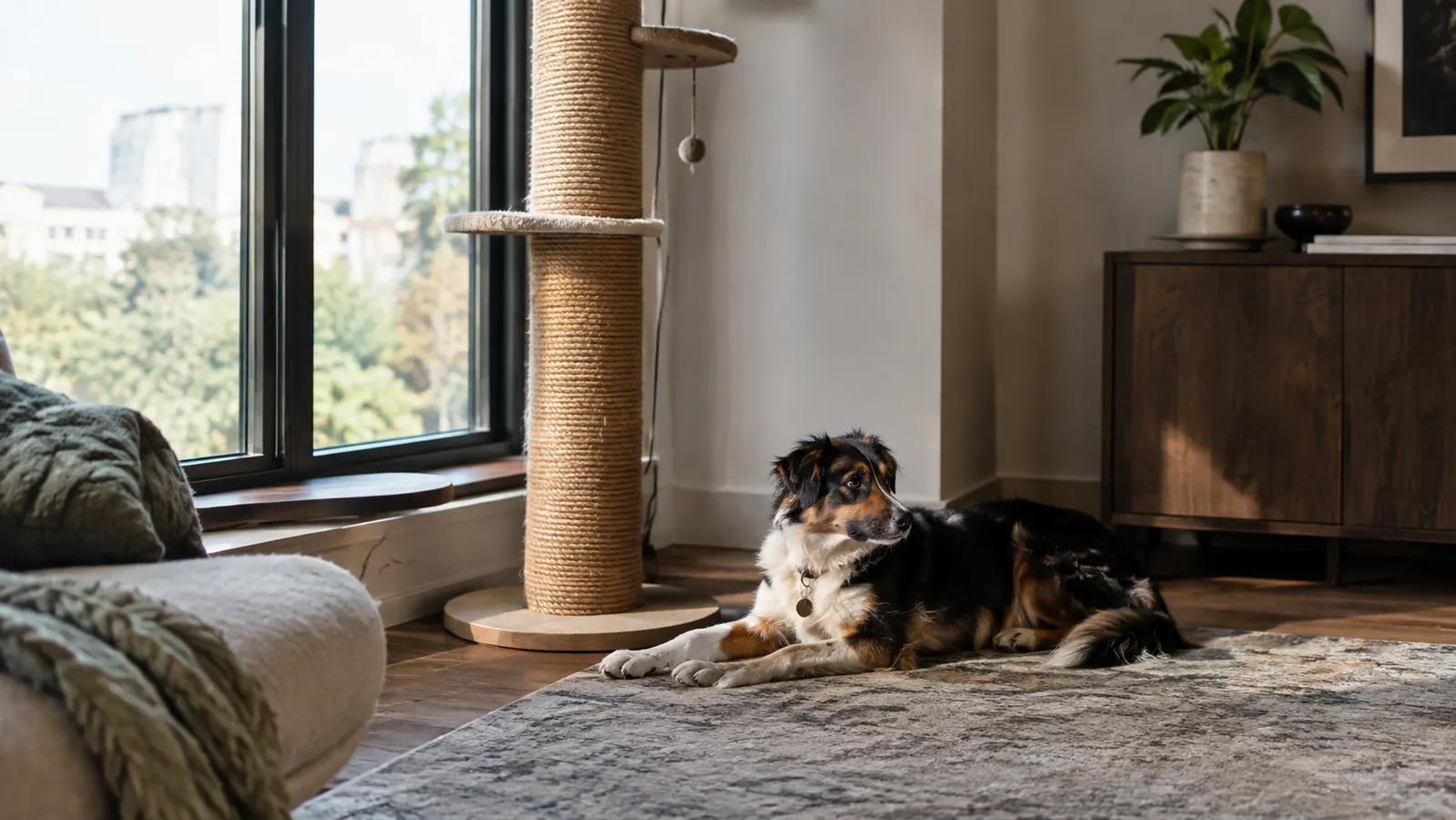A tall scratching post standing in a corner of a living room while a dog rests on a rug nearby
